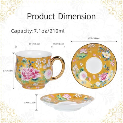 KAMMAK Tea Cup and Saucer, Ceramic Coffee Cups, 7.1 oz, Set of 2 | Porcelain Tea Cups with Saucers for Coffee and Cappuccino, Ideal for Breakfast, Afternoon Tea and Entertaining,942+944N - style: 942N+944N