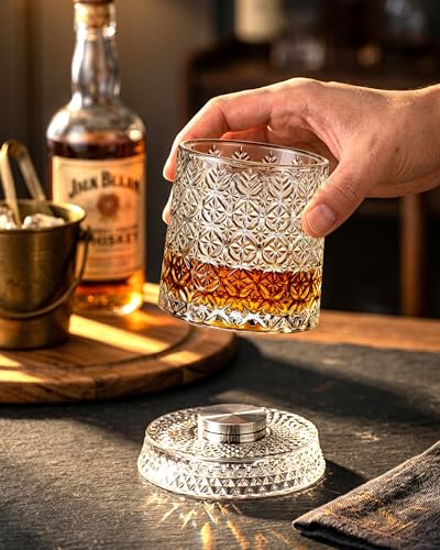CEEFU 360° Spinning Whiskey Glasses Set with Gift Box, Set of 2 | Rotating Base (2 Crystal Glasses Set, 2 Big Ice Ball Molds) - Bourbon, Cocktail, Rocks, Gifts Ideas for Men, Gem Pattern - size: 9.5 oz-Snowflake Pattern