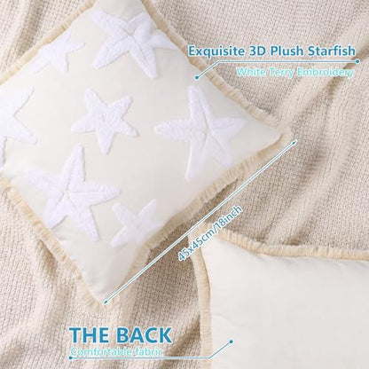 2 Pcs Starfish Pillow Covers 18 x 18 Inch Beige Coastal Beach Pillowcase | Embroidered, Soft Plush, Boho Summer Nautical Couch Cushion Case for Summer Chair Sofa Bedroom Living Room