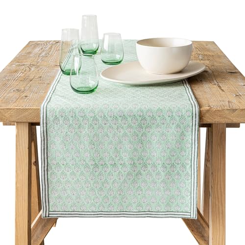 Over&Back 18x108 Hand-Blocked Printed Cotton Table Runner - Washable Table Runners for a Custom Home Decor Tablescape - Perfect for Coffee Table, Dinner Table, Living Room, and More - Green Leaf - color: Green Leaf, size: Runner | 18x108