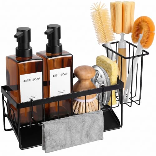 GMISUN Dish Soap Dispenser, 12 Fl oz / 350 ml Dual Soap Dispenser with Sponge Holder, Customized Amber Glass Kitchen Soap Dispensers Set, Modern Hand and Dish Soap Dispensers Set Removable - color: Amber Bottle + Black Rack