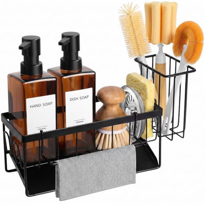 GMISUN Dish Soap Dispenser, 12 Fl oz / 350 ml Dual Soap Dispenser with Sponge Holder, Customized Amber Glass Kitchen Soap Dispensers Set, Modern Hand and Dish Soap Dispensers Set Removable - color: Amber Bottle + Black Rack