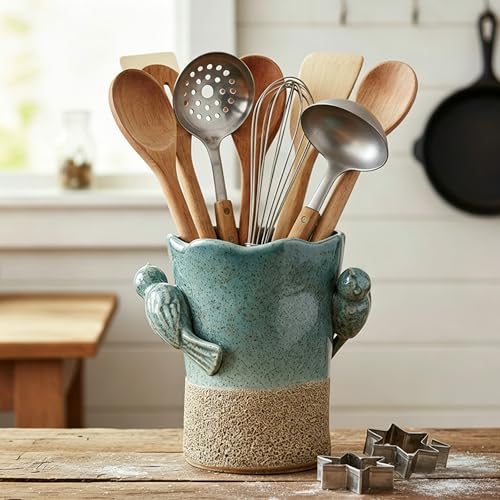 6.38“H Utensil Holder for Kitchen Counter, Modern Farmhouse Cooking Utensil Holder and Crock Home Kitchen Decor, Ceramic Utensil Organizer for Spatula, Ladle, Eggbeater, Rolling Pin- Blue and Brown - color: Blue and Brown- 2 Birds