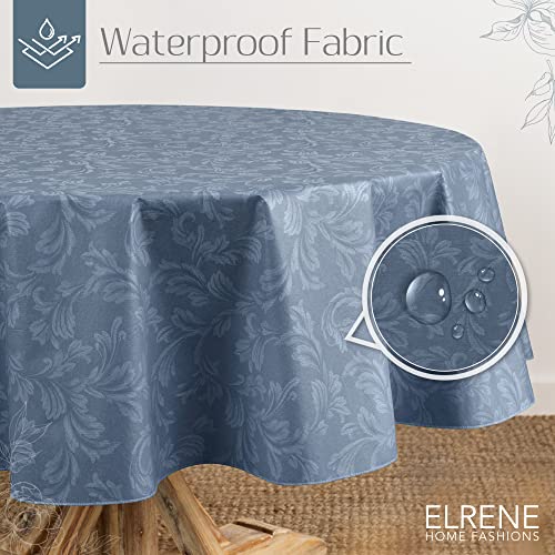 Elrene Home Fashions Camile Floral Damask-Scroll Water- and Stain-Resistant Vinyl Tablecloth with Flannel Backing, 70 Inches X 70 Inches, Round, Blue - color: Blue, size: 70" (Round)