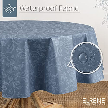 Elrene Home Fashions Camile Floral Damask-Scroll Water- and Stain-Resistant Vinyl Tablecloth with Flannel Backing, 70 Inches X 70 Inches, Round, Blue - color: Blue, size: 70" (Round)