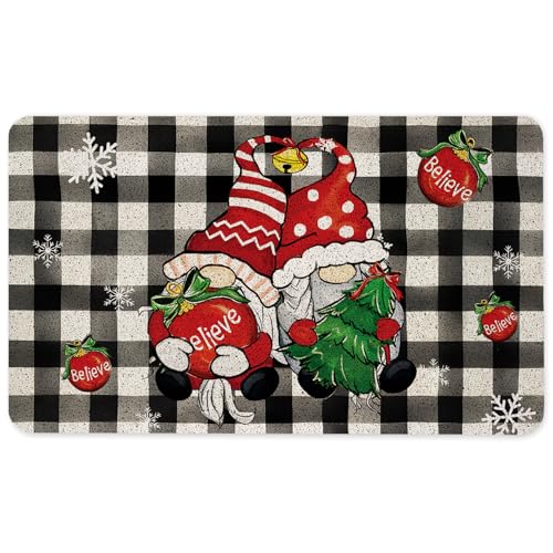 Black and White Buffalo Plaid Christmas Door Mat, Winter Gnome Doormat for Front Door Indoor Outdoor Entrance Porch, Christmas Gnomes Holiday Welcome Mat Outside, 17x30 Inches - color: Buffalo Gnome