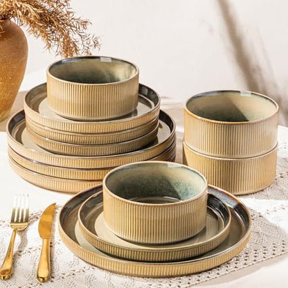 GBHOME Stoneware Dinnerware Sets for 4, 12 Pieces Plates and Bowls Set | Lightweight Ceramic Ribbed Dishes, Reactive Glaze Stackable Plate Set, Scratch Resistant, Microwave & Dishwasher Safe, Khaki - color: Sea Blue