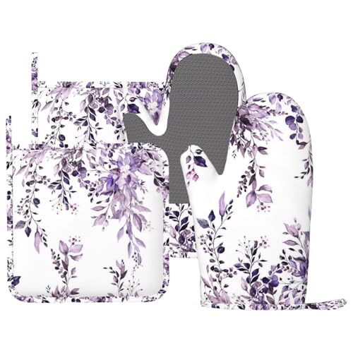 Purple Eucalyptus Oven Mitts and Pot Holders Set, 4pcs Silicone Watercolor Plant Leaves with Floral Oven Glove for Kitchen Heat Resistant Oven Mitts and Potholders Non-Slip for Cooking - color: Purple