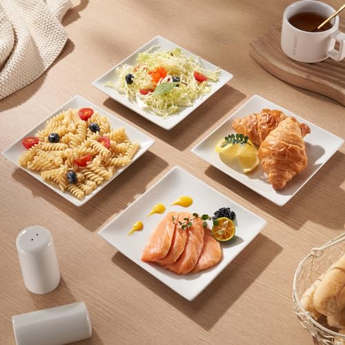 Appetizer Plates Set of 6, 6 Inch Porcelain Dessert Plates, White Stackable Square Salad Plates for Snack Steak Bread Butter, Chip and Scratch Resistant, Microwave and Dishwasher Safe | Small Dinner Plates, White Ceramic Serving Dishes for Salad Snack Ste