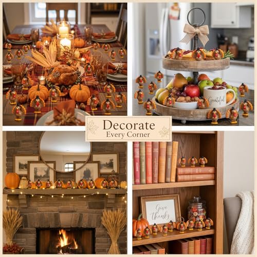 RoundFunny 50 Pcs Miniature Fall Resin Turkey Figurines Thanksgiving Decor | Mini Turkey to Hide and Seek, Fall Thanksgiving Little Statue for DIY Crafts Autumn Harvest Party Table Tiered Trays Decor - style: Turkey