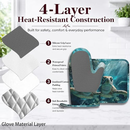 Sea Turtles Oven Mitt and Pot Holder with Silicone Heat Resistant Kitchen for Cooking BBQ Baking Grilling Cooking Protection - color: Sea Turtles