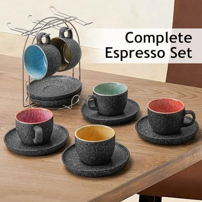 MIAMIO – 2.7 Oz Ceramic Stackable Espresso Cups with Saucers and Metal Stand, Set of 6 Espresso Cup, Demitasse Cups, Coffee Mugs for Espresso, Latte, Café Mocha & Tea – Las Palmitas Collection | With saucers, made of ceramic, dishwasher-safe, microwave-sa