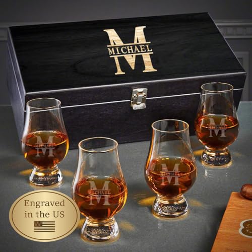 Personalized Glencairn Whiskey Glass Gift Set of 4 with Engraved Whisky Tasting Glasses, Black Wooden Gift Box, Custom Scotch Bourbon Glasses for Men, Whiskey Lover Gifts - style: Black Box Set
