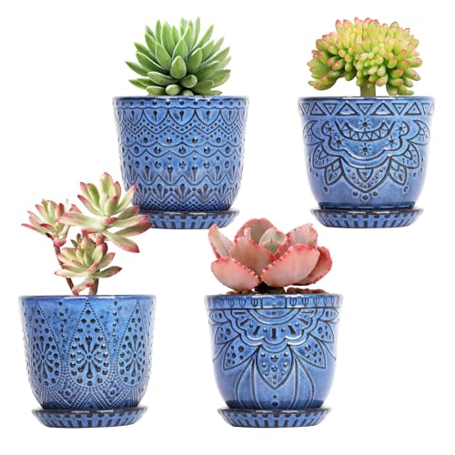Gepege Ceramic Succulent Pots, 4 Inch Small Plant Pots with Drainage | Ceramic succulent pots with drainage holes, ceramic saucers and mesh pads, set of 4, ideal for cactus and succulents - color: Blue, size: 4 Inch - Set of 4