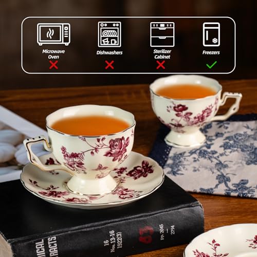 KAMMAK Tea Cups and Saucers Set of 2, 7 oz Porcelain Coffee Cups, 562N | Stackable Espresso Mugs, Ceramic Demitasse for Coffee, Cappuccino, Latte, Americano, Tea - size: 7KPSP562N