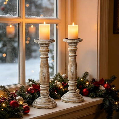 Hosley Farmhouse Wood Pillar Candle Holders Set of 2 – 12” Distressed Finish Tall Candlesticks for Table Centerpieces, Living Room, Wedding & Rustic Home Décor - size: 12 inch high x 2 Count