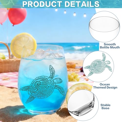 4 PCS Ocean Stemless Wine Glasses-17 Oz Coastal Glassware Gifts for Beach Lovers-Sea Turtle,Seashell,Starfish,Conch Wine Cups Set for Women Men,Dishwasher Safe,Birthday,Fathers Day,Easter
