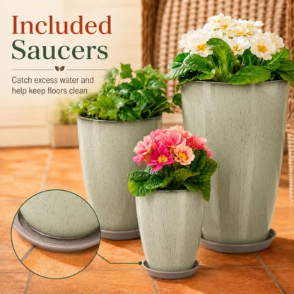 Neoaider Set of 3 Tall Planter, 24/21/12in Large Plastic Planter, DripGlaze | Ceramic-Look, Lightweight, Built-in Drain Hole, Saucers, Tall Outdoor Planter for Porch, Garden, Patio, Balcony - color: Drip Glaze