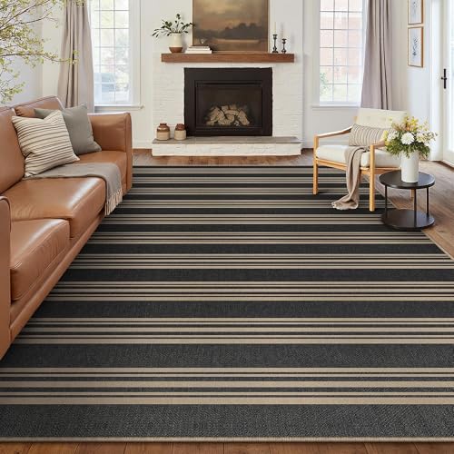 Outdoor Rug 9x12 Washable Striped Jute Look Non Slip Carpet | Black and Tan Stripe Farmhouse Style, Indoor Outdoor Area Rug for Patio, Living Room, Dining Room, Non Shedding, Neutral Rugs - color: Black/Striped, size: 9' x 12' (Rectangular)