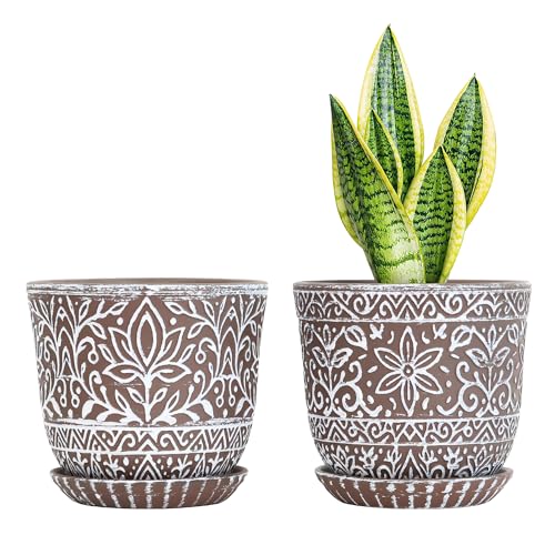 Gepege Ceramic Plant Pots, 6 Inch Indoor Planters with Drainage & Saucers | Ceramic pots for plants with drainage holes, ceramic saucers and mesh pads, ideal for flowers, herbs and succulents, set of 2 - color: Brown-a, size: 6 Inch - Set of 2
