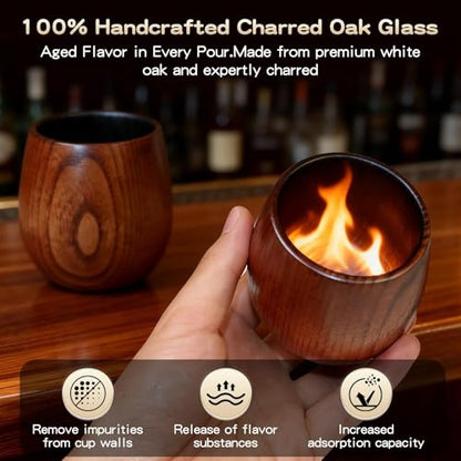 Wooden Whiskey Cup Gift Set with 6 Whiskey Stones | Includes 2 handcrafted wooden whiskey cups,6 stainless steel whiskey stones,gift box,coasters and tongs