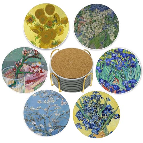 Van Gogh Drink Coasters with Holder - 6 Set Ceramic Coaster for Drinks Absorbent with Cork Base and Golden Holder - Coasters for Coffee Table Apartment Wooden Bar Mugs Glasses Cup Beer - color: F02 - Van Gogh