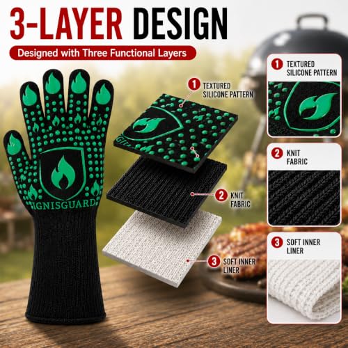 IGNISGUARD® BBQ Gloves, Heat Resistant Grill Gloves, 1 Pair, Green (M) | EN407:2020 tested with textured silicone grip, three-layer construction and long knit cuff for added wrist coverage. - color: Green, size: Medium
