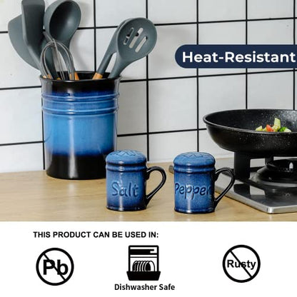 Nihow Ceramic Salt & Pepper Shakers Set with Handle for Kitchen Counter | 2.6 Inch Resist Rusting Seasoning Shaker -Elegant Black & Blue (Set of 2) - size: Shaker with handle