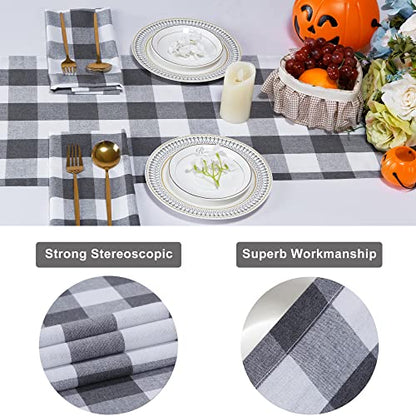 Buffalo Plaid Cotton Blend Table Runner, Buffalo Check Collection, Classic Farmhouse Style, 14x72 - Gray and White - color: Gray and White, size: 14*72inch