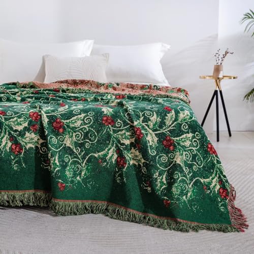 100% Cotton Muslin Quilt 90''x 98'', Soft Breathable Lightweight Throw Blanket, Reversible Boho Bohemian Vintage Bedspread Coverlet, Fringed Emerald Green Holly Bed Throw Sofa Couch Decor - color: Holly Berry, size: 90"x98"