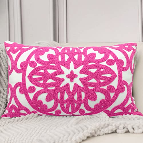 Alysheer Embroidered Lumbar Decorative Throw Pillow Cover 12"x 20", Classic Boho Mandala Embroidery Pattern Cotton Rectangular Cushion Case for Sofa Couch Living Room Bedroom(Bright Hot Pink) - color: Vivid Hot Pink, size: 20" x 12" (Pack of 1)