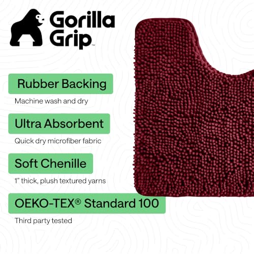 GORILLA GRIP Bathroom Rug Sets 3 Piece, Bath Mat Set and Oval Toilet Base with Rubber Backing, Plush Absorbent Shaggy Chenille Washable Mats, Includes 24x19.5, 24x17 and 30x20 Inch Rugs, Burgundy - color: Burgundy, style: 24"x19.5" + 24"x17" + 30"x20" - 3