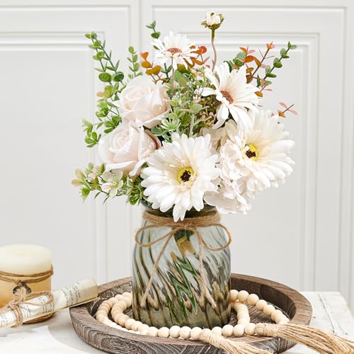 Fake Flowers with Vase,Faux Silk Flowers Fake Plant,Dining Table Home Decor | COZZI CODI Artificial Daisy Rose with Vase,Farmhouse Coffee Table Decor,Living Room Table Decor - color: Off White
