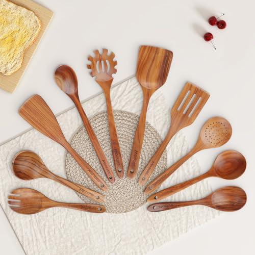 Mooues Wooden Spoons for Cooking, Wooden Utensils for Cooking Natural Teak Wooden Kitchen Utensils Set Comfort Grip (10 PCS SET) | Wooden Spoons for Cooking with Comfort Grip, Smooth Durable Heat Resistant Cooking Spoons and Cooking Utensils for Cooking -