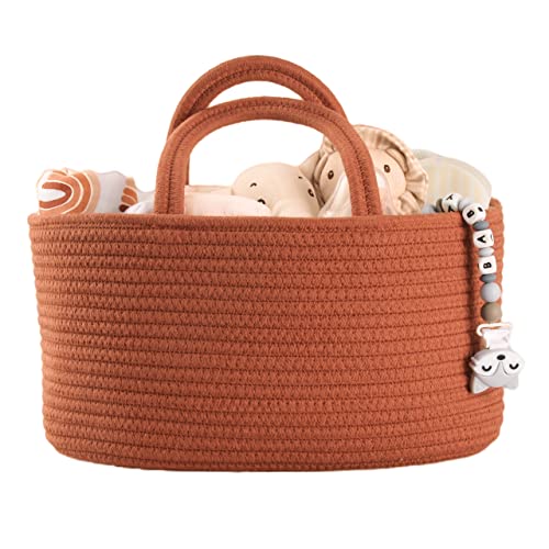 XUANGUO Cotton Rope Baby Diaper Caddy Organizer Basket with handles Rust | Nursery Storage Bin, Portable Baby Tote Bag for Changing Table or Car, Baby Shower Gifts Bag, Newborn Essentials, Registry - color: Rust, size: Regular