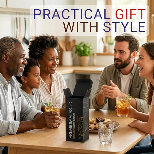 Bravario Hammered Plastic Drinking Glasses - Short Clear Plastic Cups Reusable Set of 6, Thick 16oz Dishwasher Safe Durable Stackable Water Tumblers, BPA-Free - size: Short - Set of 6