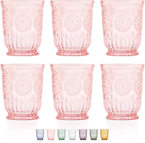Purple Small Drinking Glasses Set of 6 Vintage Hobnail Design 8 oz - color: Pink, size: Small
