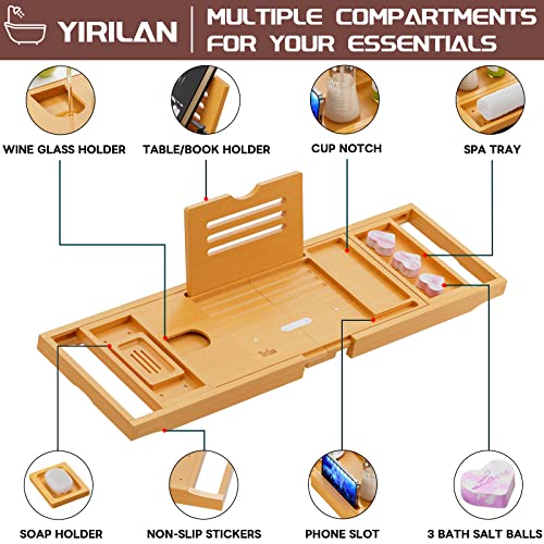 Lux Expandable Bathtub Tray Caddy with 3 Bath Bombs-Self Care and Relaxation Birthday Gifts for Women and Men, Housewarming Gift Idea, for Mom Sister Daughter Wife - color: A-bamboo-gift Set