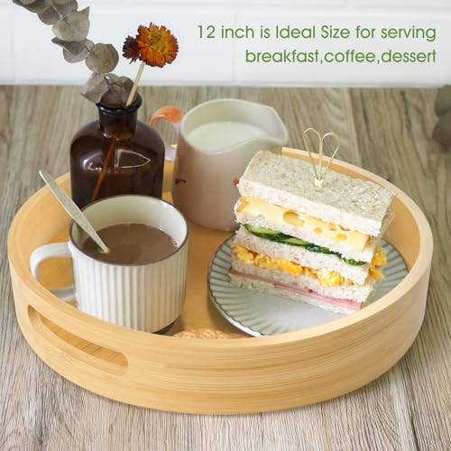LorisArm 12 inch Round Serving Wooden Tray with Handles, Bamboo Decorative Ottoman Tray Serving for Serving Beverages & Food on Bar Living Room Home Dining Table.