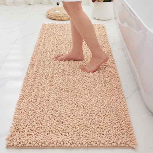 Bathroom Rugs Non Slip Washable 55x24, Extra Thick Soft Chenille Absorbent Bath Mat, High Density Barrier Non Slip Backing, Quick Dry Plush Shaggy Floor Carpet for Tub&Shower, Beige - color: Beige, size: 55" X 24"(Bathroom Rug)