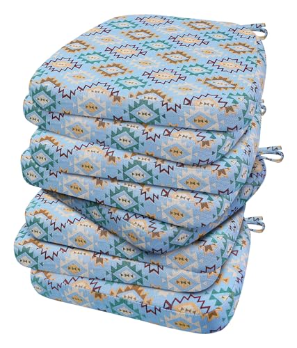 AAAAAcessories D-Shaped Chair Cushions, 2" Thick Dining Chair Pads with Ties and Removable, Machine-Washable Cover, 17" x 16", Set of 8, Geometric Blue - color: Geometric Blue, size: 8 Count(Pack of 1)