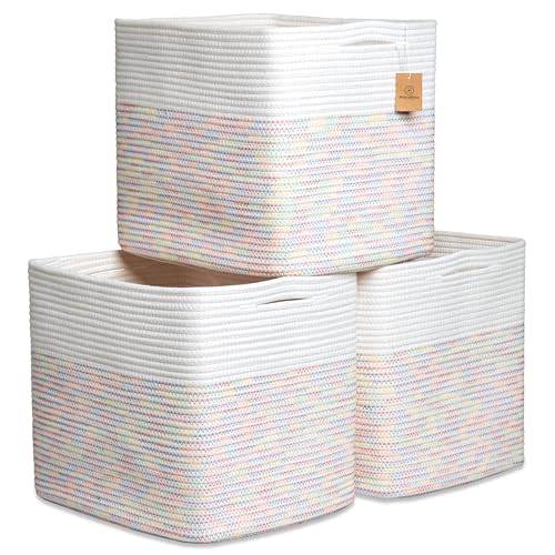 NaturalCozy 13x15x13 Kallax Storage Cubes Bins, 3 Pack | Cotton Rope Cube Storage Bin Woven Baskets for Organizing | Kallax Insert Storage Baskets for Shelves Organizer, Kids Toy, Closet Baby Nursery - color: Off White & Rainbow Stitching, size: 15 x 13 x