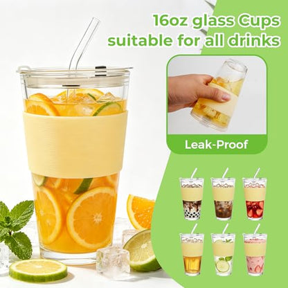 Birity 16oz Glass Cups with Lids and Straws,Glass tumbler With Straw and Lid-Reusable Iced Coffee Cups for Tea, Juice, Smoothies, Mason Jar Drinking Cup for Hot/Cold Drinks at Home,Office,Travel - color: 16 oz single pack