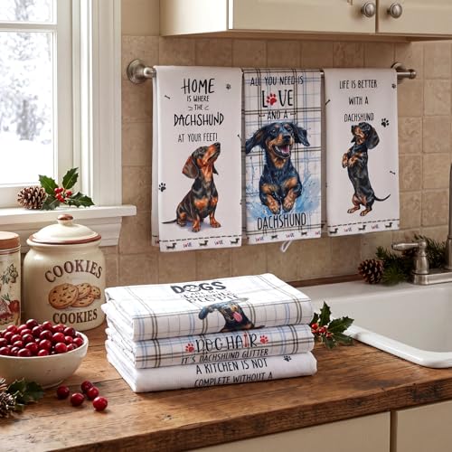Redbaker 6 Pcs Dachshund Kitchen Towels Funny Dishcloth | Gifts for Dachshund Lovers Dog Owner Cute Brown Grid Kitchen Hand Tea Dish Towel with Hanging Loop for Home Housewarming Gift - style: Dachshund