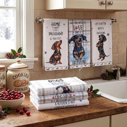 Redbaker 6 Pcs Dachshund Kitchen Towels Funny Dishcloth | Gifts for Dachshund Lovers Dog Owner Cute Brown Grid Kitchen Hand Tea Dish Towel with Hanging Loop for Home Housewarming Gift - style: Dachshund