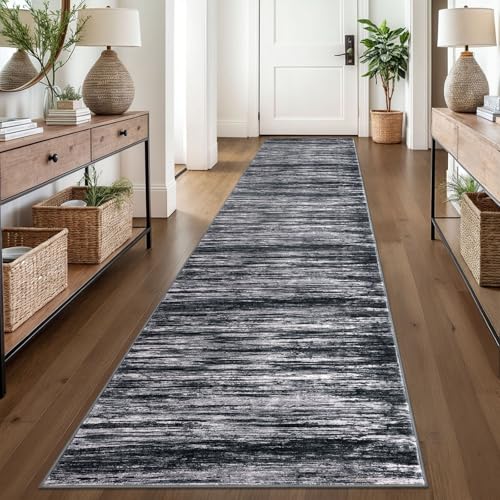 SIILOOM 2.6x14 Washable Runner Rug, Non Slip Area Rug for Hallway Kitchen | Black/White Soft Modern Abstract Spill & Stain Resistant Low Pile Carpet for Entryway Office Laundry Bedroom, Easy Clean - color: Black/White, size: 2'7" x 14' (Runner)