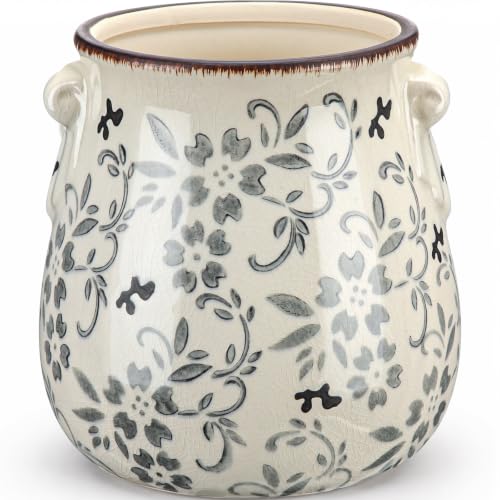Ceramic Scroll Planter 6.5 Inch Chinoiserie Floral Vase with Drainage Holes Vintage Flower Vase Flower Pot Rustic Ceramic Pots for Indoor Plants Garden Home Bookshelf Decor (Gray Floral) - style: Gray Floral