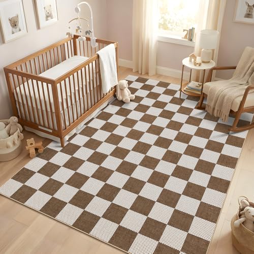 GarveeHome Checkered Light Brown 2x6 Washable Low-Pile Kitchen Runner Rug | Non-Slip Terracotta Brown Stain Resistant Rug for Kitchen Entryway Bedroom Bathroom Geometric Modern Rug TPE Backing - color: Terracotta Brown, size: 2' x 6' (Rectangular)