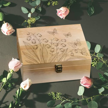 arricraft 1 Pc Wooden Memory Keepsake Box, Lily of the Valley Butterflies Pattern Decorative Wooden Memory Box with Hinge Lids for Anniversary Photos DVDs Letters Jewelry 24.5x19.5x10.3cm