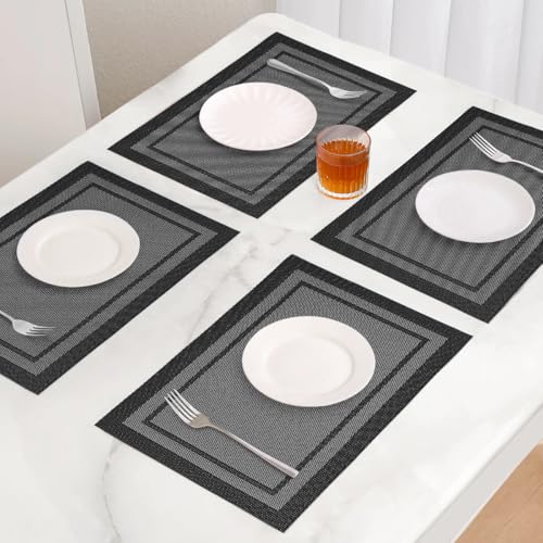 Placemats Set of 6, Heat Resistant Place Mats, Washable PVC Table Mats, Woven Vinyl Placemats, Non-Slip Stain Resistan Plastic Placemats for Table (Black White, 6) - color: Black White